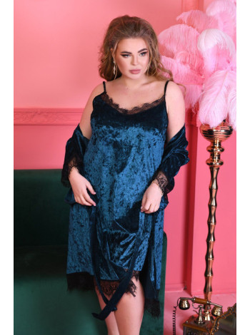 Жіночий велюровий комплект для сну халат та сорочка колір бірюзовий 56