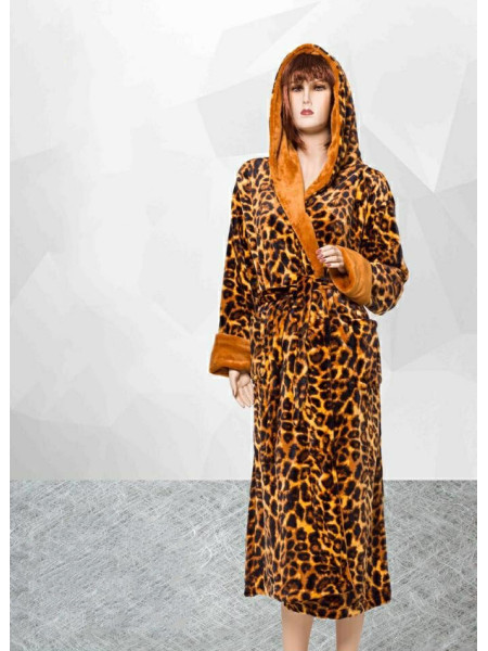 Женский махровый халат леопардовый с капюшоном