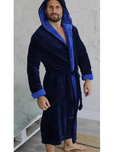 Мужской махровый халат на запах темно-синего цвета