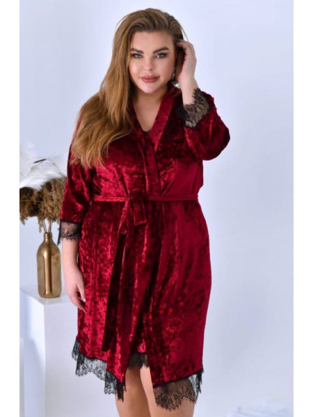 Женский велюровый комплект для сна халат и сорочка с кружевом
