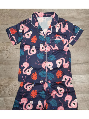 Атласная женская пижама шорты и рубашка с фламинго