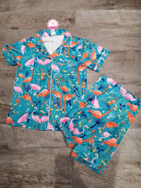 Женская летняя трикотажная пижама рубашка и штаны с фламинго