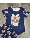 Женский летний трикотажный комплект-пижама с кошкой