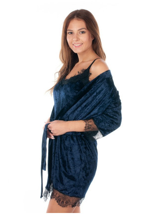 Элегантный велюровый комплект для сна халат и сорочка цвет тёмно-синий