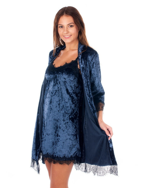 Элегантный велюровый комплект для сна халат и сорочка цвет тёмно-синий