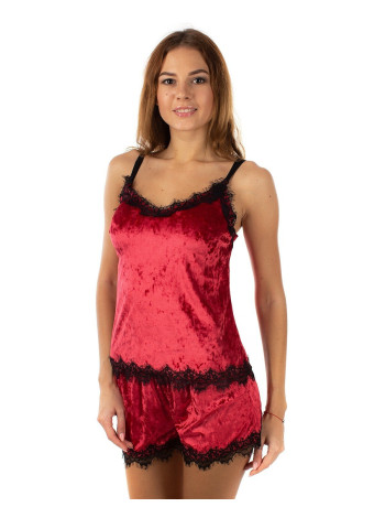 Жіноча піжама велюр з мереживом червоний колір