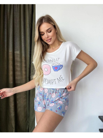 Летняя молодежная пижама для женщин топик и шорты с пончиком