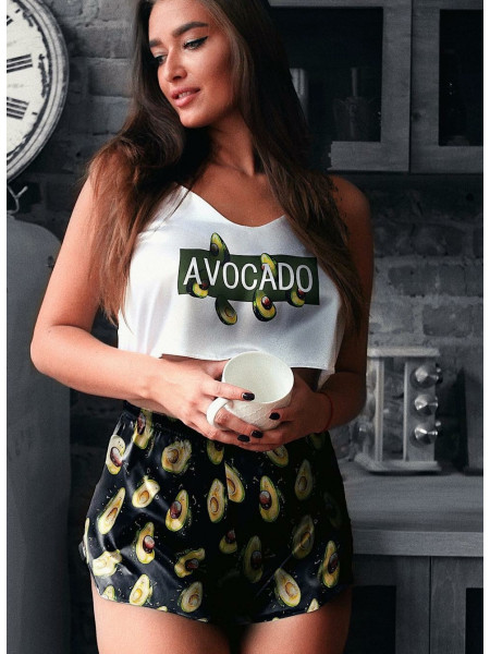 Женский  шелковый комплект - пижама с принтом авокадо