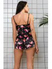 Женский шелковый комплект - пижама с фламинго черный