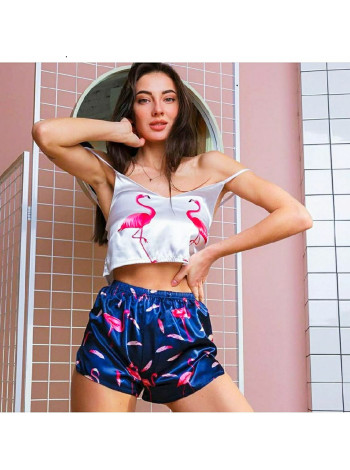 Женский шелковый комплект - пижама с фламинго