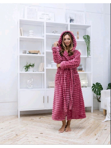 Жіночий махровий халат шарпей з капюшоном довгий на запах великого розміру колір рожевий