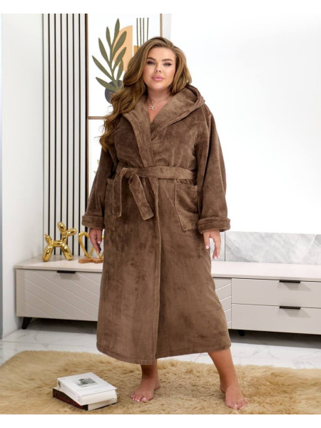 Жіночий махровий халат великого розміру з капюшоном колір кавовий